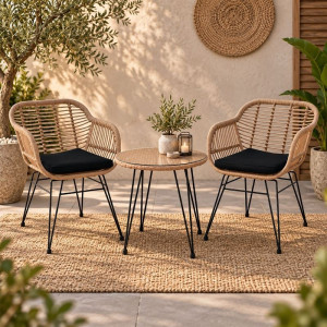 SALSA Set Κήπου: Τραπέζι + 2 Πολυθρόνες Μέταλλο Μαύρο, Wicker Φυσικό, Μαξιλάρι Μαύρο