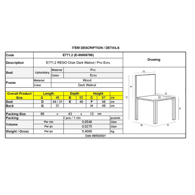 REGO Καρέκλα Οξιά Σκούρο Καρυδί, PVC Εκρού (ΣΕΤ 2 τεμ)